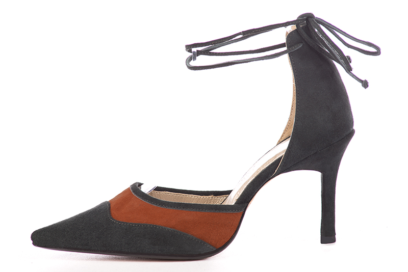 Dark grey and terracotta orange women's open side shoes, with lace straps. Pointed toe. Very high slim heel. Profile view - Florence KOOIJMAN